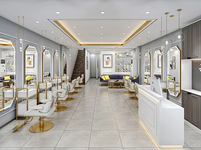 Modern Beauty Hair Salon Interior With Styling Chairs Mirrors Reception Desk And Gold Accents 3d model