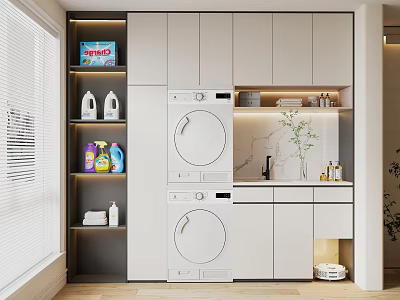 Modern Home Balcony Laundry Space With White Cabinets Washing Machine Dryer Cleaning Supplies And Plant 3d model