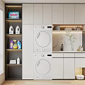 Modern Home Balcony Laundry Space With White Cabinets Washing Machine Dryer Cleaning Supplies And Plant