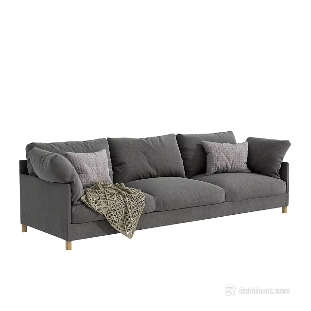 Modern Grey Two-Seater Sofa With Cozy Pillows And Blanket On Wooden Legs 3d model 