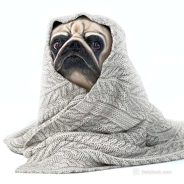 Adorable Pug Dog Wrapped in Soft Knitted Blanket Looking Cozy on White Background 3d model 