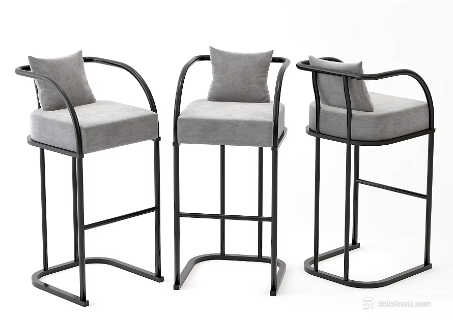 Modern Bar Stools With Black Metal Frame And Gray Padded Seats 3d model