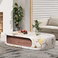 Modern Oval Coffee Table With White Marble Top Gold Veins And Walnut Base 3d model