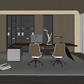 Modern Office Interior Design With Spacious Desk Comfortable Chairs Lit Bookshelves And Green Plants