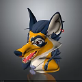 Cartoon Style Yellow And Blue Smiling Wolf Head With Pointed Ears And Red Bell