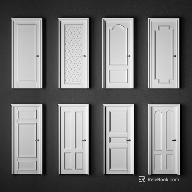 Various White Hinged Doors With Different Panel Designs And Brass Handles 3d model