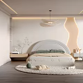 Modern Bedroom Interior Design With White Walls Wooden Floor Gray Headboard And Round Rug