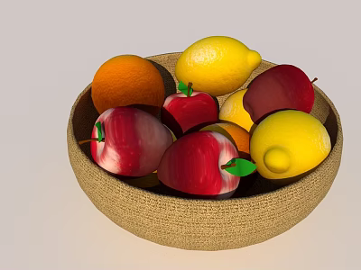 Fresh Mixed Fruit Basket With Apples Lemons And Oranges On Table 3d model
