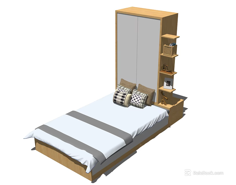 Modern Simple Style Bedroom With Bed Wardrobe Bedside Table And Bookshelf 3d model