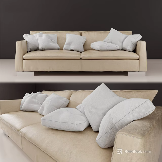 Modern Beige Double Sofa With Plush White Pillows And Comfortable Design 3d model 