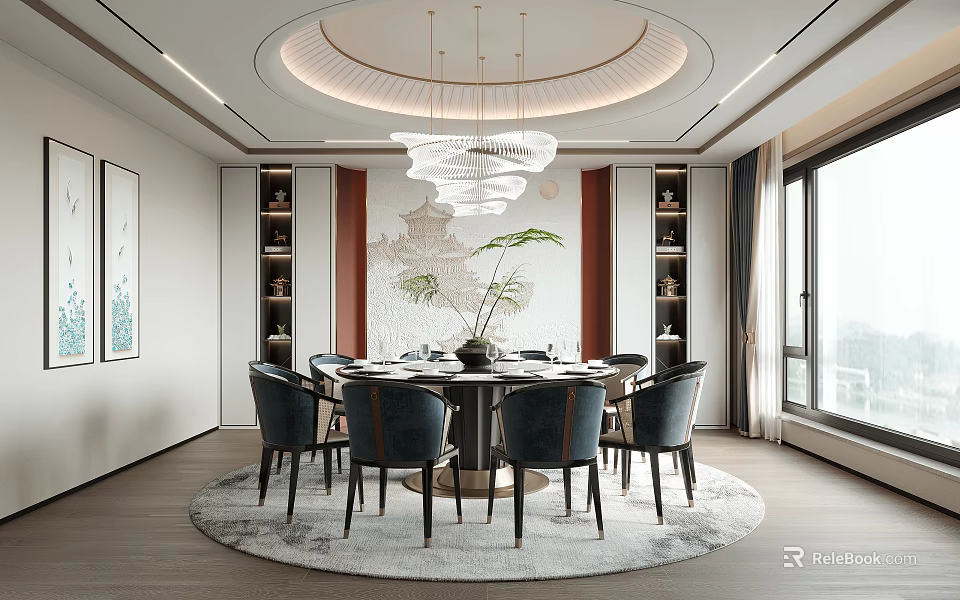 Elegant Restaurant Interior With Round Dining Table Blue Chairs And Chandelier 3d model