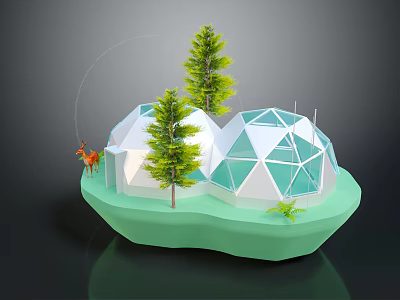 Cartoon Scene With White Geodesic Domes Green Trees And Orange Deer On Green Platform Base 3d model