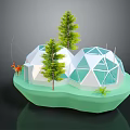 Cartoon Scene With White Geodesic Domes Green Trees And Orange Deer On Green Platform Base