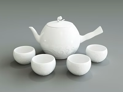 White Ceramic Tea Set With Teapot And Four Carved Pattern Teacups 3d model