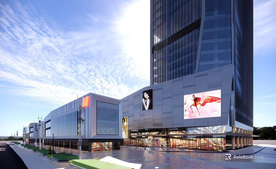 Modern Commercial Street With Tall Buildings Large Billboards And Shopping Mall Exterior 3d model 