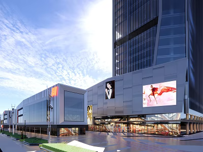 Modern Commercial Street With Tall Buildings Large Billboards And Shopping Mall Exterior 3d model