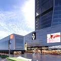 Modern Commercial Street With Tall Buildings Large Billboards And Shopping Mall Exterior