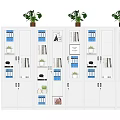 Modern White Bookcase With Multiple Compartments Blue Folders Books And Potted Plants 3d model