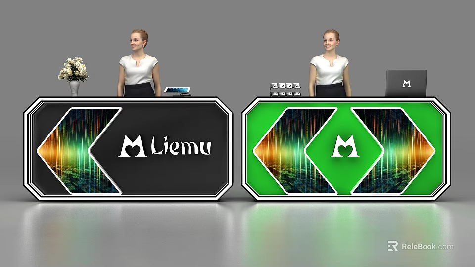 Modern Reception Desk With Black And Green Design Featuring Liemu Logo And Female Staff 3d model 
