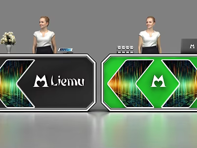 Modern Reception Desk With Black And Green Design Featuring Liemu Logo And Female Staff 3d model