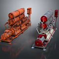 Orange Rusty And Silver Red Industrial Machinery With Mechanical Pipes And Components