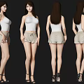 Woman In White Tank Top And Beige Shorts With Black High Heels Different Angles View