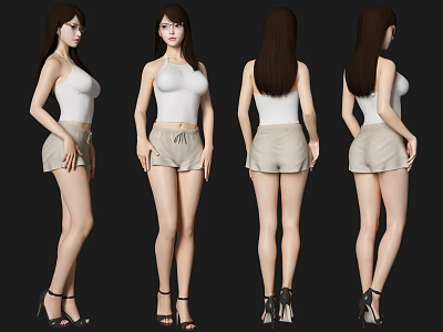 Woman In White Tank Top And Beige Shorts With Black High Heels Different Angles View 3d model