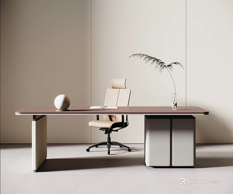 Minimalist Office Desk With Modern Design White Spherical Decor Potted Plant And Ergonomic Chair 3d model 