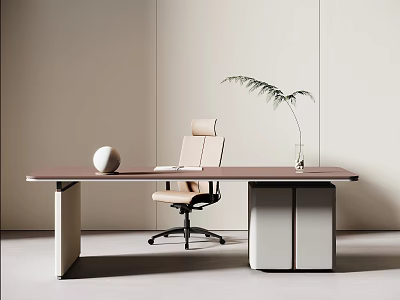 Minimalist Office Desk With Modern Design White Spherical Decor Potted Plant And Ergonomic Chair 3d model
