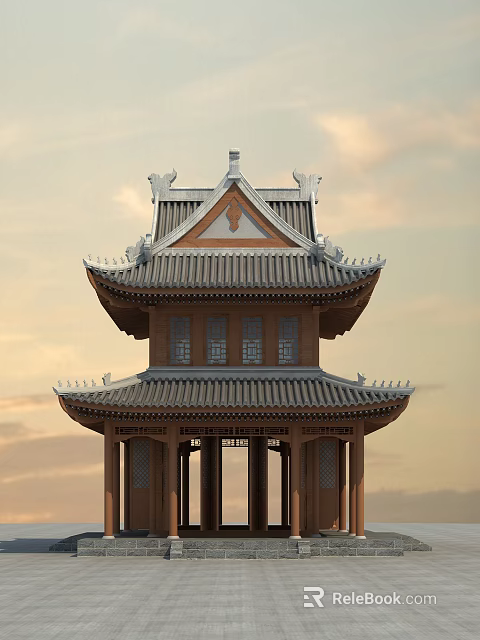 Traditional Chinese Pavilion With Double Eaved Roof And Ornate Curved Eaves 3d model 