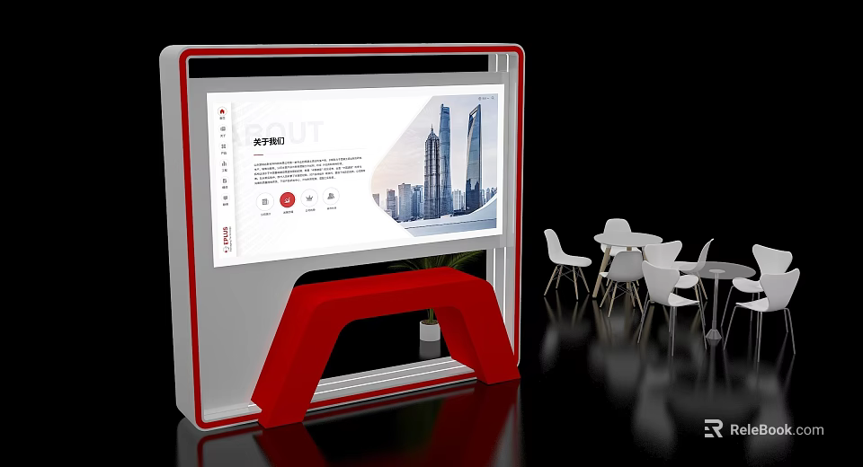 Modern Exhibition Island With Red White Frame Large Screen And White Tables Chairs 3d model 