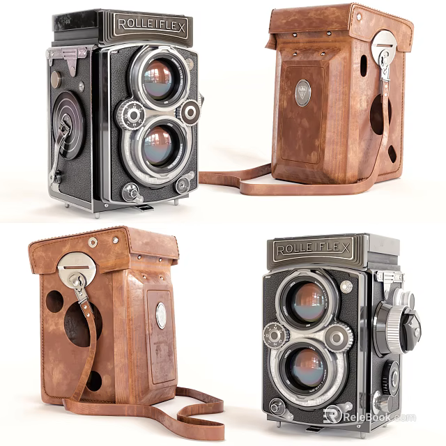 Rolleiflex Vintage Digital Camera With Twin Lens Design And Leather Case Different Angles 3d model 