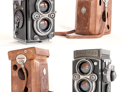 Rolleiflex Vintage Digital Camera With Twin Lens Design And Leather Case Different Angles 3d model