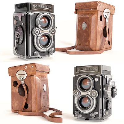 Rolleiflex Vintage Digital Camera With Twin Lens Design And Leather Case Different Angles 3d model