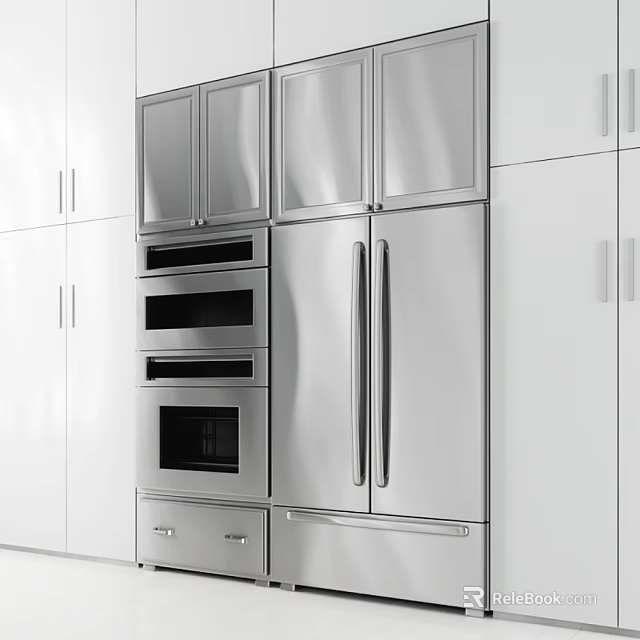 Modern Stainless Steel Kitchen Appliances With Built in Oven Refrigerator And White Cabinets 3d model 