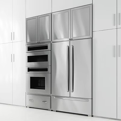 Modern Stainless Steel Kitchen Appliances With Built in Oven Refrigerator And White Cabinets 3d model
