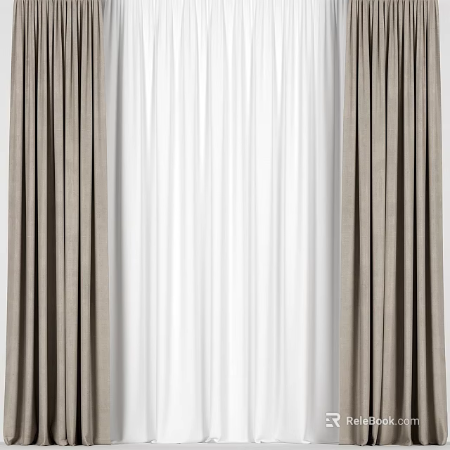 Elegant Double Layer Window Curtains With Beige Panels And White Sheer 3d model 