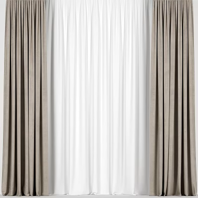 Elegant Double Layer Window Curtains With Beige Panels And White Sheer 3d model