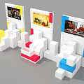 Colorful LEGO Block Display Stands Featuring Screens Showcasing Scenes And Bricks 3d model