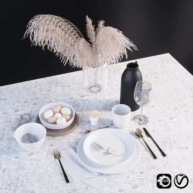 Elegant White Dinnerware Set With Gold Cutlery Wine Glass And Pampas Vase On Marble Tabletop 3d model 