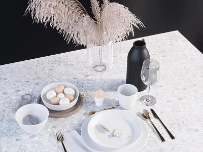 Elegant White Dinnerware Set With Gold Cutlery Wine Glass And Pampas Vase On Marble Tabletop 3d model