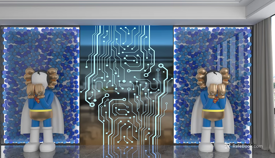 Modern Background Wall With Circuit Board Pattern Blue Decorative Panels And Cartoon Figurines 3d model 