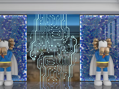 Modern Background Wall With Circuit Board Pattern Blue Decorative Panels And Cartoon Figurines 3d model