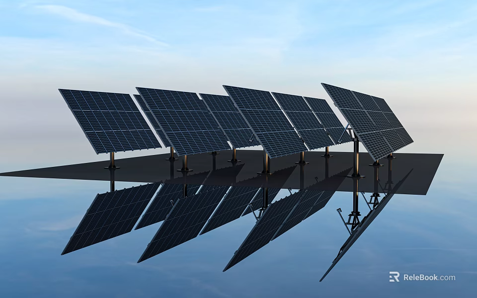Solar Panel Array Displaying Clear Reflection Under Bright Blue Sky 3d model