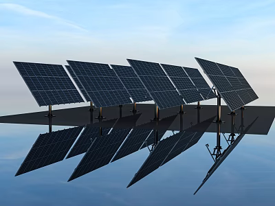 Solar Panel Array Displaying Clear Reflection Under Bright Blue Sky 3d model