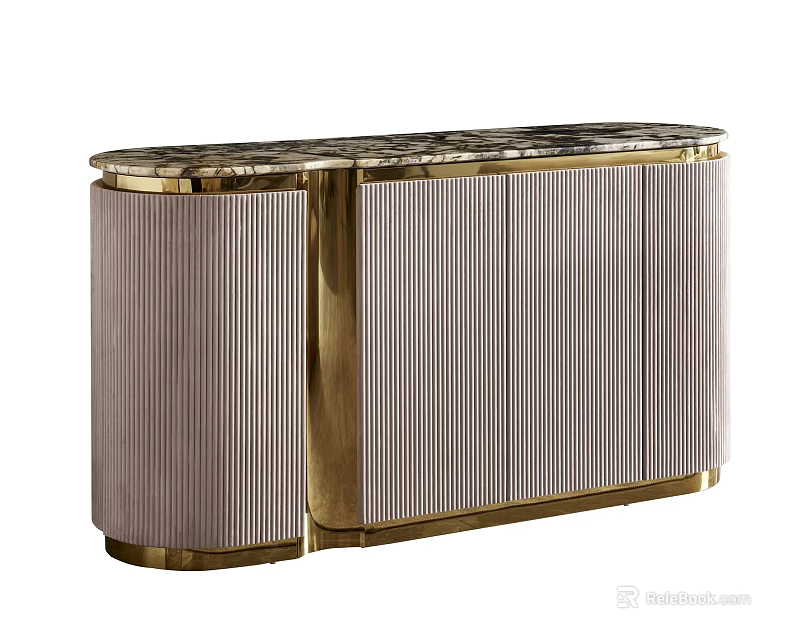 Elegant Sideboard Featuring Marble Top Gold Accents And Vertical Striped Doors 3d model 