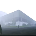 Modern Industrial Factory Building Exterior With Large Glass Windows Greenery Pedestrians On Cobblestone Road