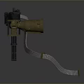 Brown Metallic Machine Gun With Coiled Ammunition Belt And Tactical Design