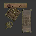 Rustic Wooden Furniture Set With Shelf Crate Baskets Clay Pot Small Bottles And Rope