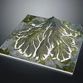 3D Garden Landscape Model Showcasing Mountain Terrain Green Vegetation And Snowy Ridges